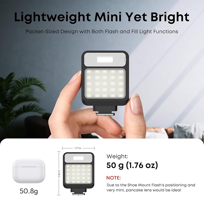 XIAOTJ Camera Mini Flash Speedlite w Video Light, 800+ Flashes/GN8 6500K/4 Power Levels w Single-Contact Hot Shoe, Camera Flash Compatible with Nikon/Canon/Sony zv1/zve10/Fujifilm, NOT for Sony ZV-1F