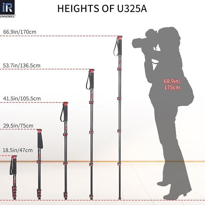 INNOREL U325A Camera Monopod 66.9 in/170 cm Aluminum Alloy 5-Section with Fast Flip Lock Travel Monopod for Canon Nikon Sony DSLR Camera Video Camcorder DV Photography Bracket Load 26 lb/12 kg
