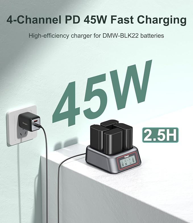 King Ma DMW-BLK22 Charger,4 Channel for Lumix Panasonic Battery Charger，PD 45W Fast Charging with LED Display,Compatible with Panasonic Lumix DMC-GH3、DMC-GH4，DMC-GH5、DMC-GH5S、GH6、DC-S5