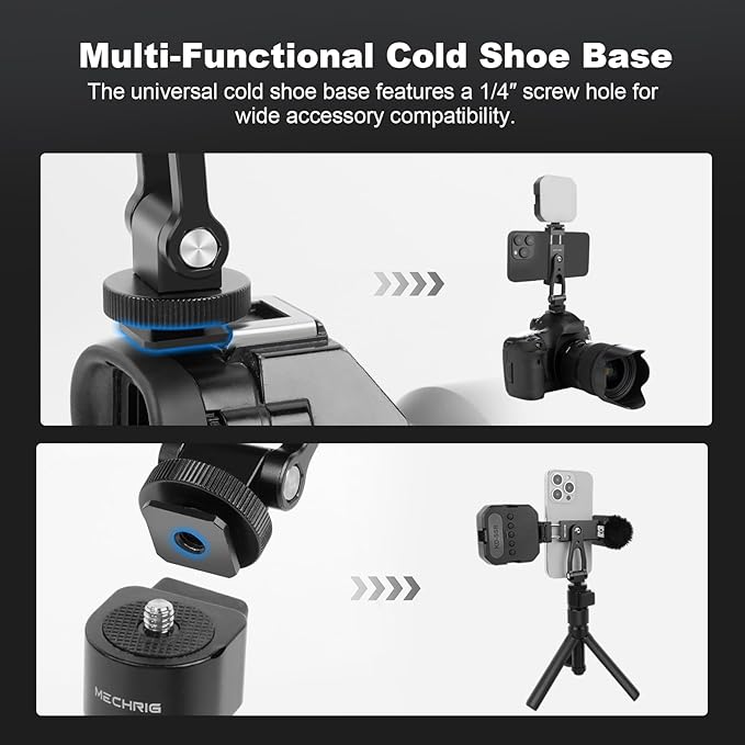 Metal Phone Tripod Mount with Cold Shoes & 1/4" Thread, 180° Tilt & 360° Rotation Tripod Phone Holder Stand for iPhone 16 Pro Max/Samsung Galaxy/All Phones/Camera/Cage/Selfie Stick (69001)