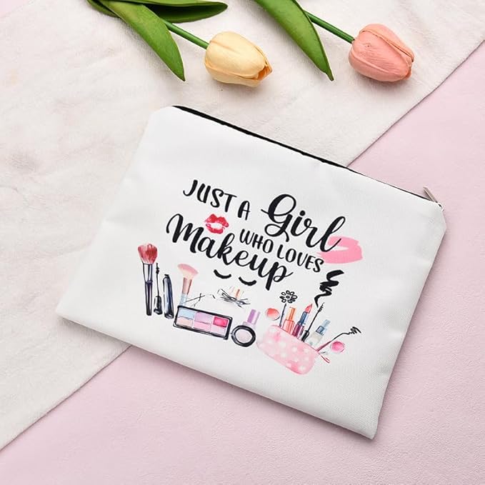 Funny Cosmetic Bag for Women Just A Girl Who Loves Makeup Bag for Girls Christmas Birthday Gifts for Daughter Friend Granddaughter Travel Toiletry Pouch With Zipper Makeup Cosmetic Pouches