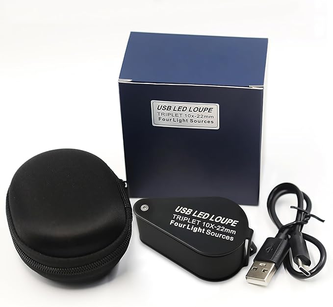10X Rechargeable Jewelers Loupe with UV & LED Lights Four Light Modes, 22mm Triplet Lens Illuminated Folable Eye Loop Magnifier Pocket Jewelry Magnifying Glass for Jewelry, Gemstone, Coins, Stamps