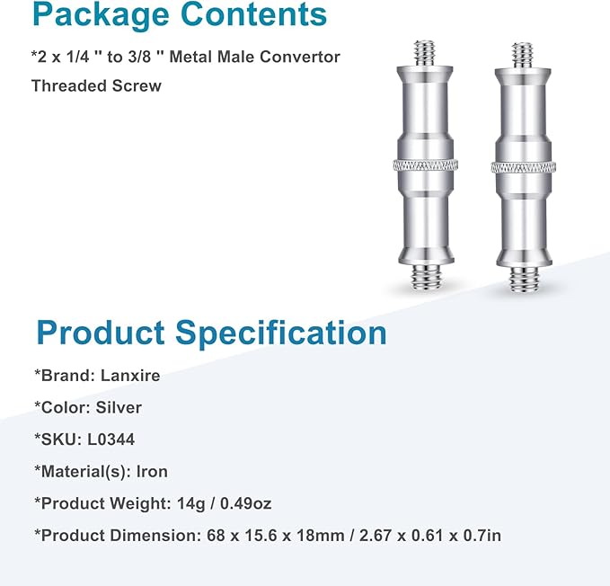 1/4 to 3/8 Inch Metal Threaded Screw Adapter (2 Pieces) - Male Convertor Spigot Stud for Studio Light Stand, Hotshoe/Coldshoe, Ball Head, Wireless Flash Receiver, Trigger