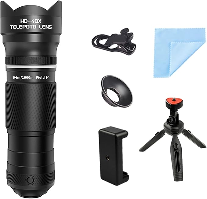 Andoer 40X Zoom Lens with Tripod Phone Telephoto Lens Phone Telescope Phone Camera Lens for Hiking Camping Wildlife Observation Moon Sports Game Concert Watching