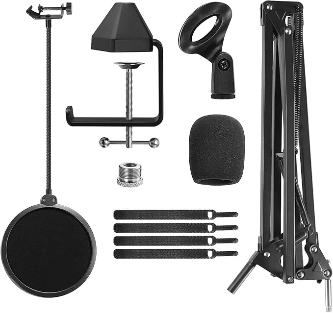 TONOR Microphone Arm Stand, Adjustable Suspension Boom Scissor Mic Stand with Pop Filter, 3/8" to 5/8" Adapter, Excellent Compatibility, Mic Clip, Upgraded Heavy Duty Clamp, 35cm+35cm, T20