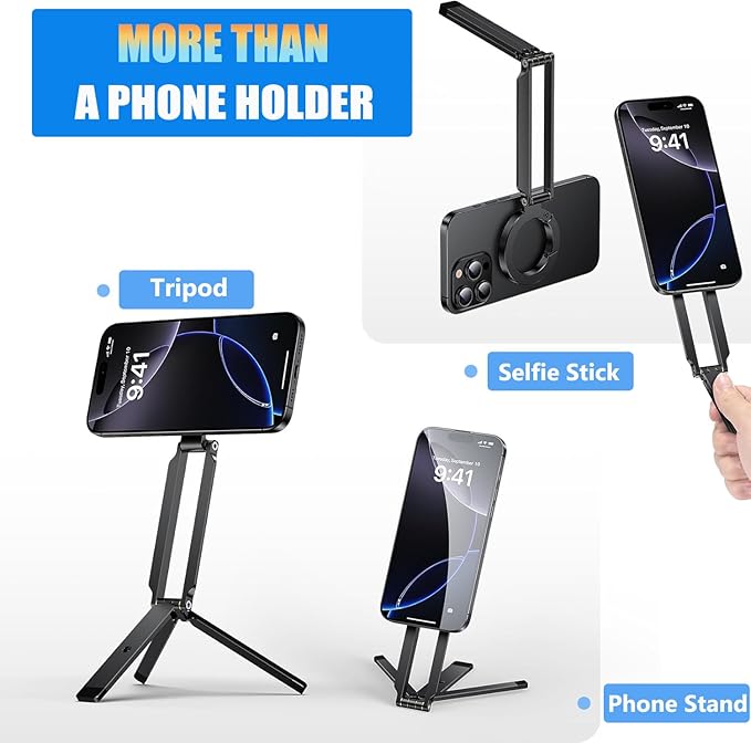 Magnetic Phone Tripod Stand Foldable Magnetic Mini Tripod Pocket Cell Phone Stand with Arca-Swiss, 1/4'' Screw Hole,Compatible with Magsafe for iPhone 17/16/15/14/13/12