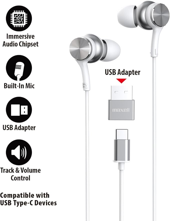 Maxell USB-C Wired Earbuds with USB-A Adapter, Built-in Microphone with Volume and Track Control, Compatible with All Devices with a USB-C and/or USB-A Port, Immersive Digital Chipset, White, 197293
