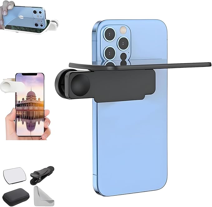Mirror Reflection for iPhone, Smartphone Camera Mirror Reflection Clip Kit, HD Glass Mirrors for Phone to Use Back Camera, Portable Mirrors for iPhone Back Cameras Photography (Black)