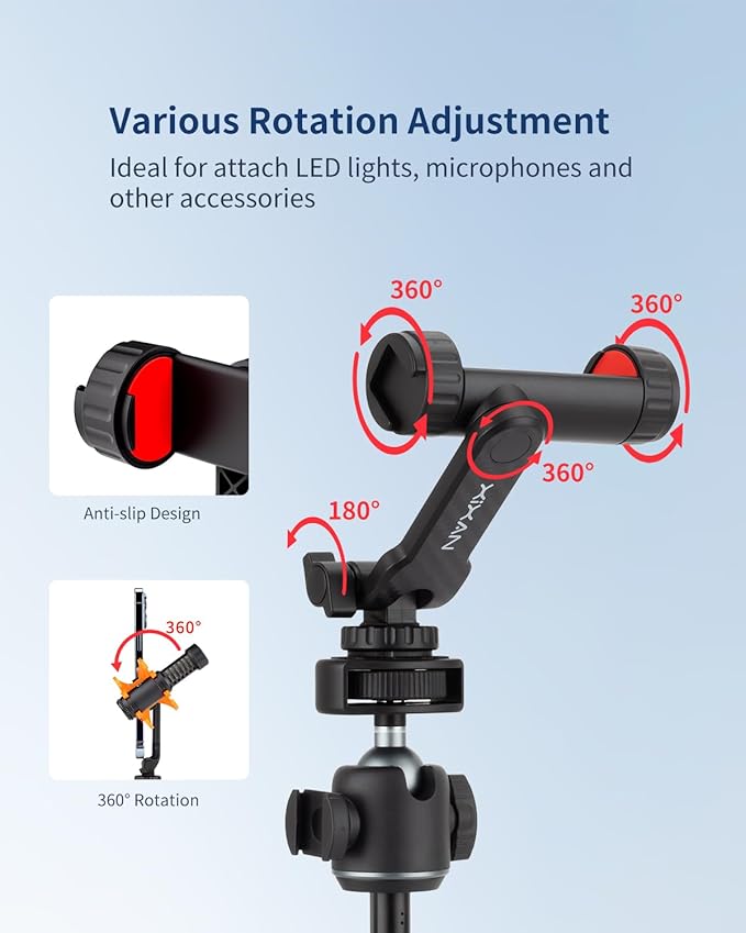 Phone Tripod Mount Adapter with Cold Shoes and 1/4" Screw, 360° Rotates and 180° Tilts Adjustable Cell Phone Clamp Holder, Compatible with iPhone Samsung and Universal Smartphone for Photography