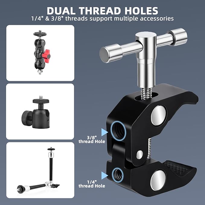 BRDRC Magic Arm Clamp Mount, 9.8" Articulating Extension Arm with 1/4" and 3/8" Thread, with Cold Hot Shoe Adapter, Phone Holder for Tripod DSLR Camera Cage LCD Monitor LED Light Accessories