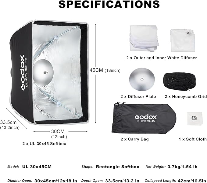 Godox 2pc Quick Release Softbox,UL 12"x18"/30x45cm Bowens Mount Square Soft Box with Grid,Diffuser,Carry Bag for Studio Strobe Flash Continuous Light,Outdoor Photography Video Recording,Live Streaming