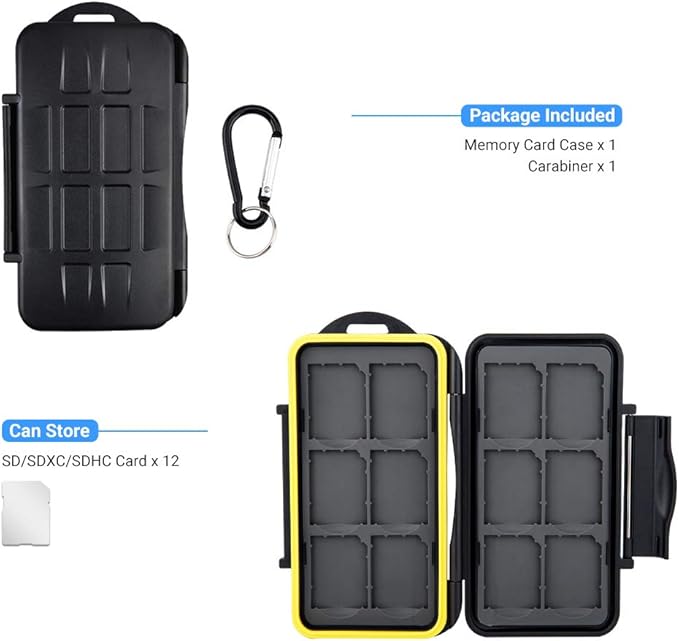12 Slots SD Memory Card Case Storage, Water-Resistant Anti-Shock SD SDHC SDXC Card Holder Carrying Case with Carabiner