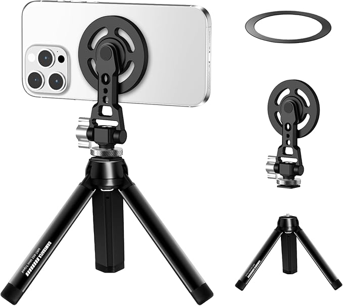 Aluminum Magnetic Stand Mount with Cold Shoe Mount for iPhone,Adjustable Rotable Cellphone Tripod Stand Holder for iPhone,Camera Monitoring.