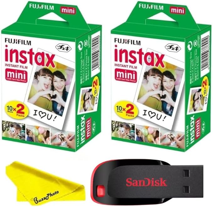 Fujifilm Instax Mini Instant Camera Film with Sandisk 32 GB USB Flash Drive + 2 x Mini Twin Packs (40 Sheets) and Buzz-Photo Microfiber Cleaning Cloth...
