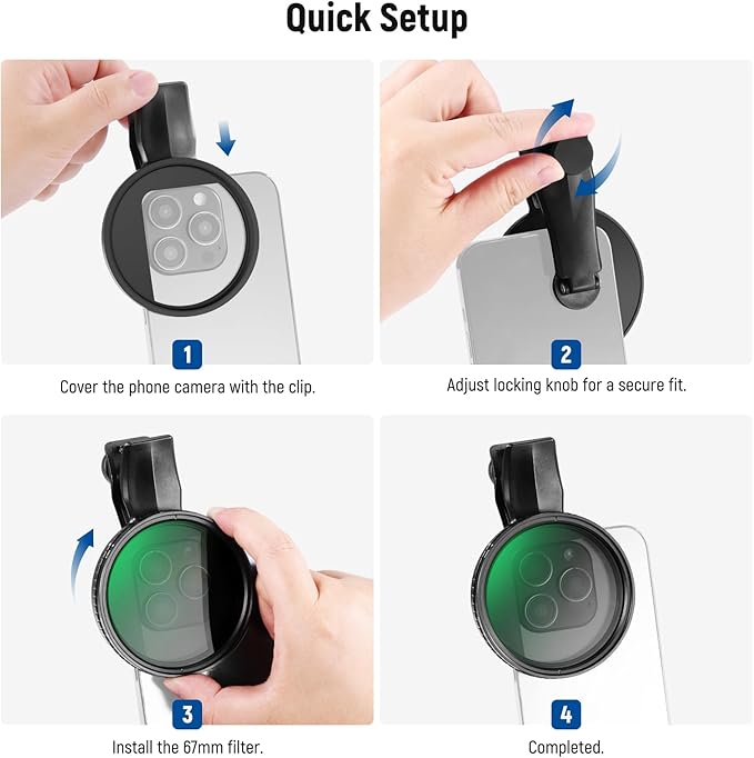 NEEWER 67mm Variable ND Filter Compatible with iPhone, Clip On ND2-32 Neutral Density Phone Lens Photography Accessories Kit Compatible with iPhone 17 16 15 Pro Max Plus 16e 14 13 mini, FL-B25