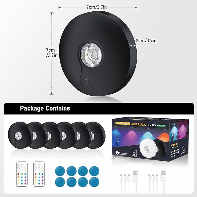 Rechargeable RGB Puck Lights with Remote Control,2000mAh High Capacity Battery Operated RGB Cabinet Lighting,Dimmable Tap Stick On& Magnetic Mount Wireless Closet Light for Kitchen Counter,Shelve