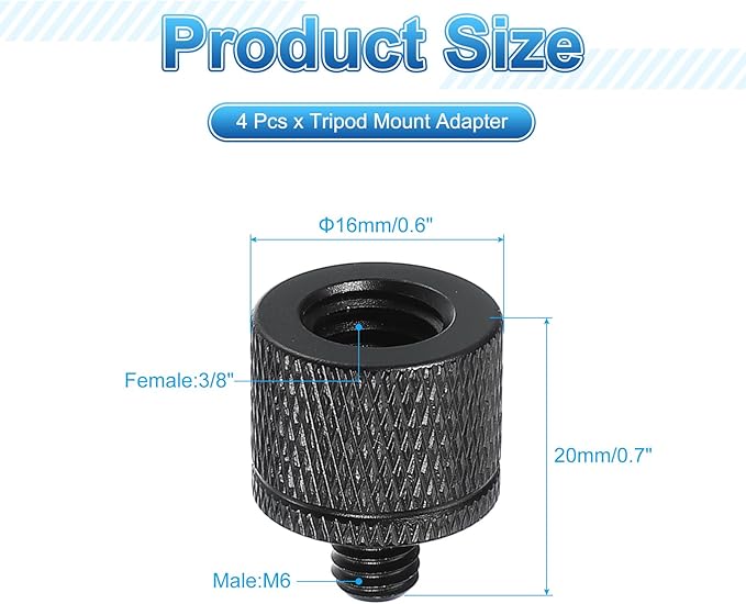 PATIKIL Tripod Screw Adapter 3/8" Female to M6 Male, 4 Pcs Tripod Nut Connectors Camera Mount Screw Camera Double Head Converter for Microphone Holder Magic Arms Accessories, 20 mm