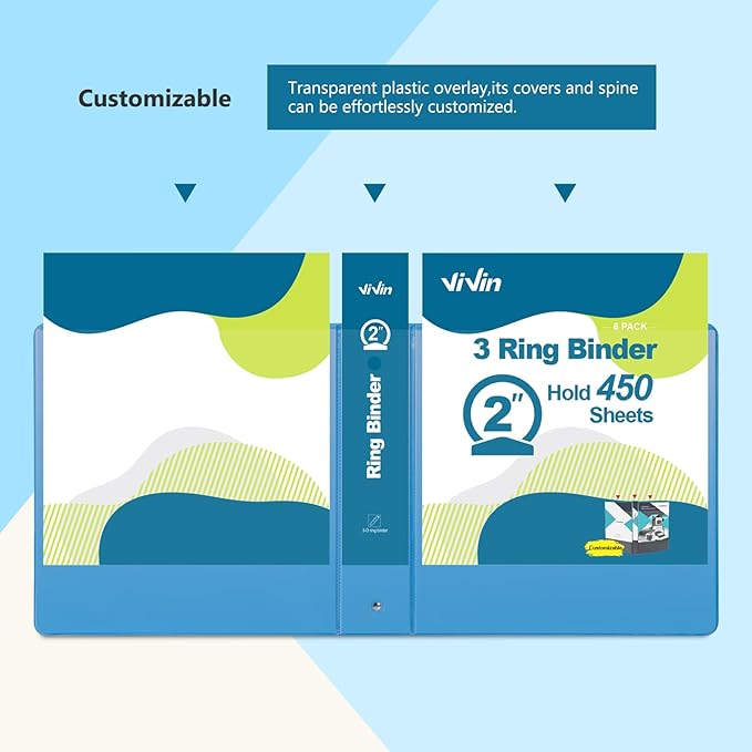 ViVin 2 Inch Round Ring View Binder for Durability, Standard 3 Ring Binder for 450 Sheets of US Letter Size Paper, PVC-Free, 6-Pack (Light Blue)