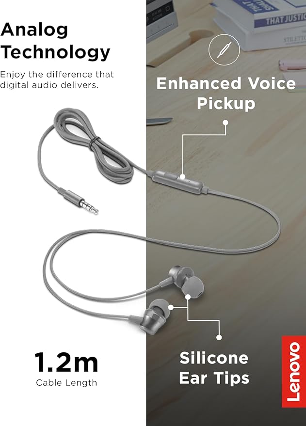 Lenovo - 110 Analog in-Ear Headphones - in-Line Microphone - 3.5mm Connectivity - Play & Pause Button - 3 Sizes of Ear Tips Included,Grey