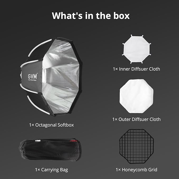GVM 25.6inch/65cm Octagonal Softbox, Quick Release Bowens Mount Softbox with Diffusers/Honeycomb Grid/Carrying Bag, Light Dome Compatible with LED Video Light/Spotlight/Flash for Photography Studio