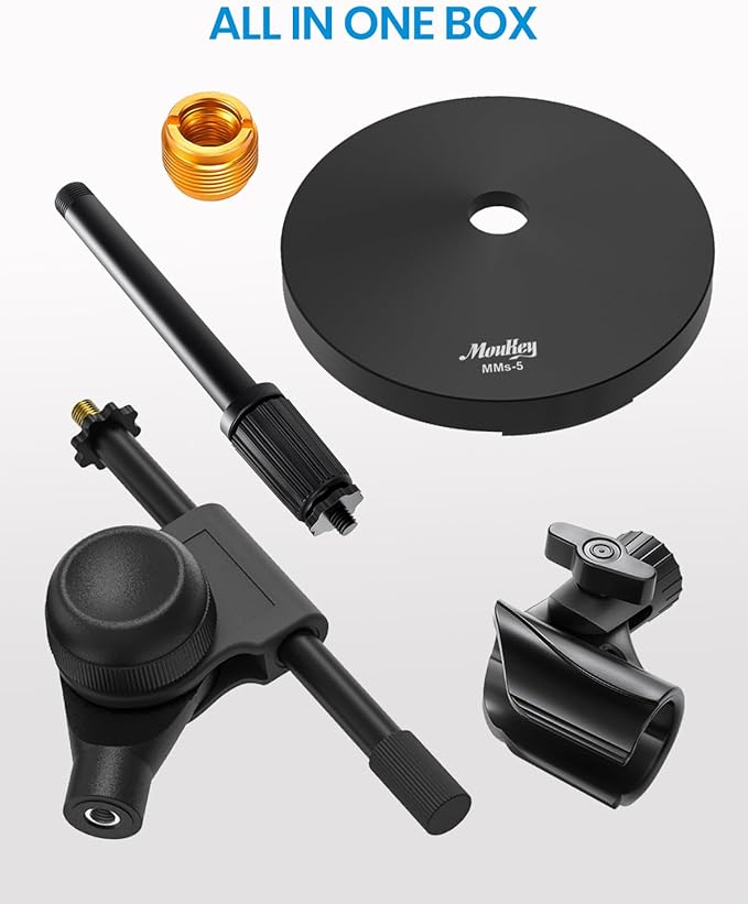 Moukey Mic Stand Desk Adjustable Tabletop Microphone Stand with Non-Slip Mic Clip, Short Table Mic Stand with Gear Fixing, Boom Arm, 3/8" and 5/8" Adapter, MMs-5