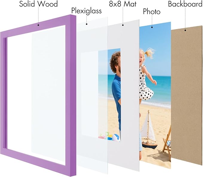 Vittanly 12x12 Picture Frame, Made of Solid Wood and Shatterproof Plexiglass, Display Pictures 8x8 with Mat or 12x12 without Mat, Wooden Photo Frame for Wall Mounting, Purple, 1 Pack