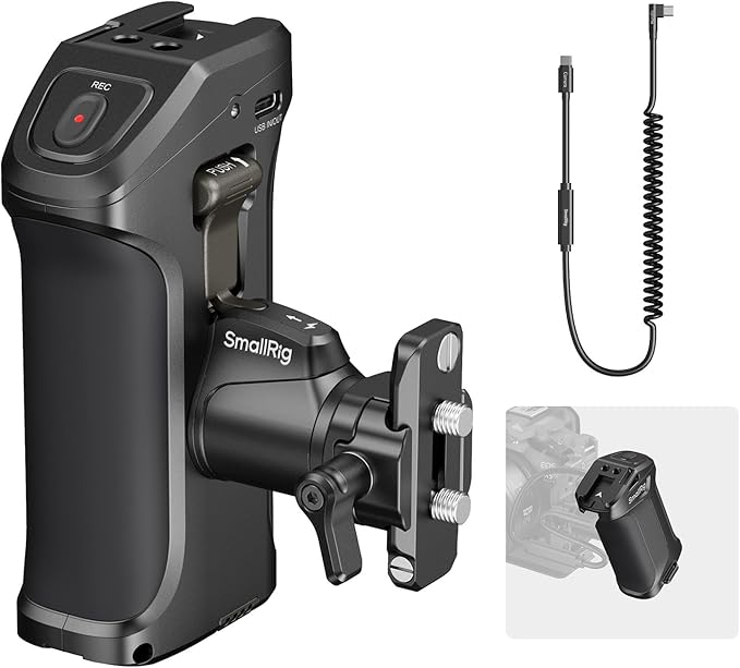 SmallRig Stepless Rotating Side Handle with Trigger REC & 2 Cables for Canon R50 V / R5 II / R5 / R6 / R6 II, for Blackmagic BMPCC 4K / 6K / 6K Pro, USB-C Power Output for Cameras, PD Fast Charging