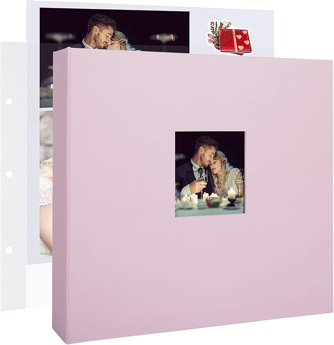 1DOT2 12x12 Inch Large 3 Ring DIY Scrapbook Photo Album Journal with 30 Plastic Sleeves 60 Pages and Fabric Cover for Baby Travel Wedding Couple Anniversary kids Adventure (Pink Cover/White Pages)