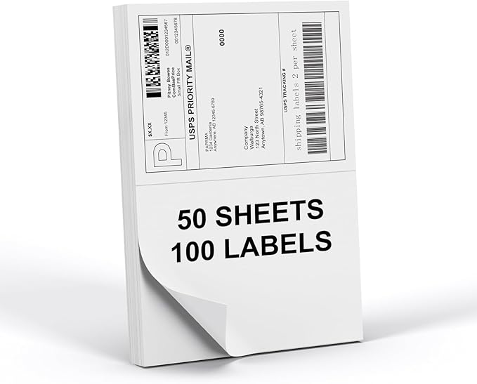 Half Sheet 8.5x5.5inch Shipping Mailing Label 100 Counts, 2 Labels Per Sheet 8.5 x 11 for Laser & Inkjet Printer, Permanent Adhesive Label Square Corner (50 Sheets)