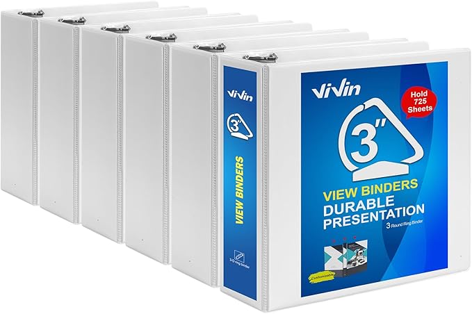 ViVin Durable 3 inch D Ring View Binder, Large 3" Slant-D Ring with 725-Sheet Capacity, Fit 8.5" x 11" Paper, 6 Pack(White)