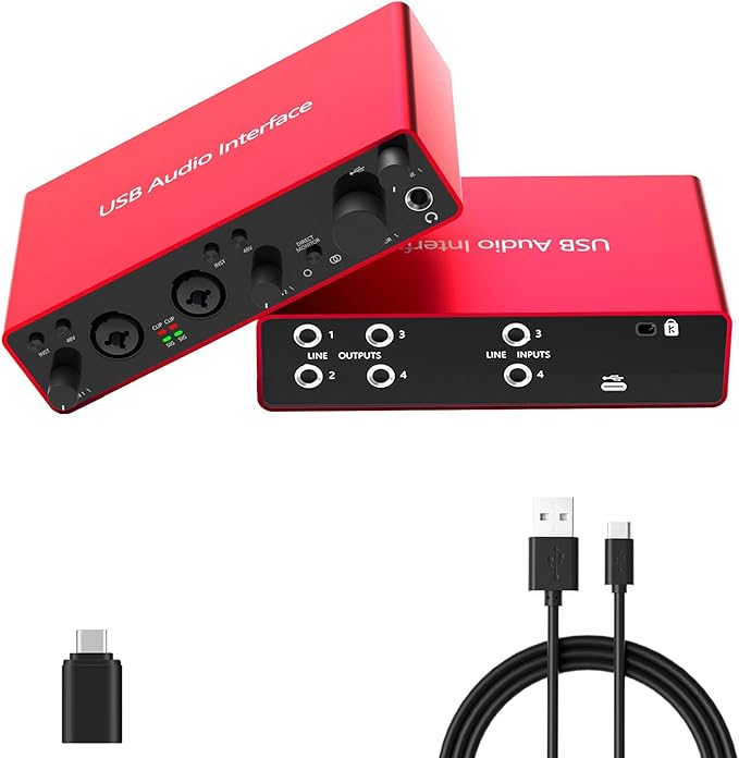 USB Audio Interface 4 Line Outputs & 2 Line Inputs with 48V Phantom Power 24Bit/192kHz for the Musicians, Vocalist, Podcaster, Works with Most DAWs and Recording Software(AR007-4 Line Outputs)
