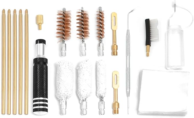 Shotgun Cleaning Kit for 12, 20, 410 Gauge Bronze Brushes, Brass Adaptor, Cotton Mops, Cleaning Pick, Patch Holder, Patches, Nylon Brush Head, Empty Oil Bottle