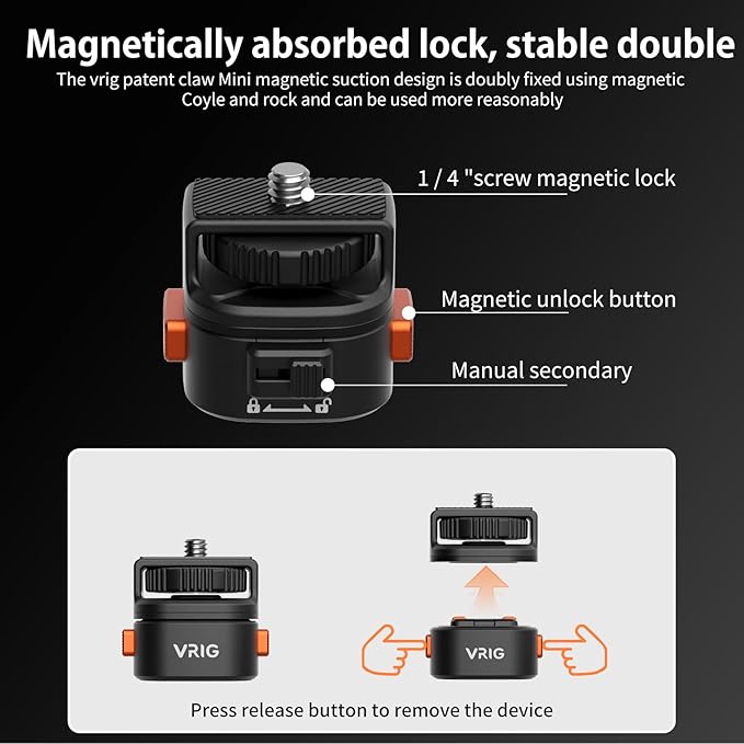 VRIG AC12 Magnetic Quick Release Mount Adapter with 1/4" Screw Thread for Insta360 X5/X4/X3 / DJI OSMO Pocket 3, Tripod Mount, 1/4" Screw Hole for Tripod, Monopod