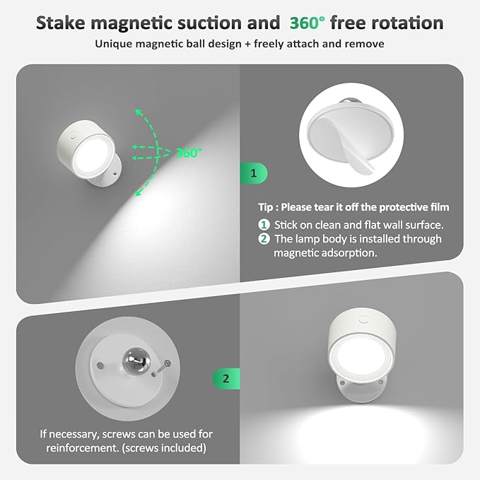 LED Wall Sconces with Remote, Wall Mounted Lights Rechargeable Battery Operated, 3 Color Temperatures & Dimmable Wall Lamp Magnetic 360° Rotation Wireless Light