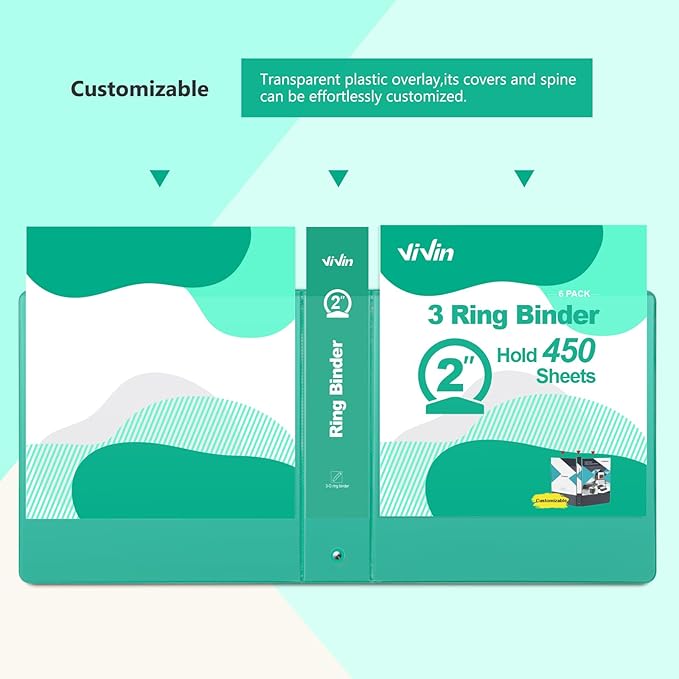 ViVin 2 Inch Round Ring View Binder for Durability, Standard 3 Ring Binder for 450 Sheets of US Letter Size Paper, PVC-Free, 6-Pack (Lake Green)