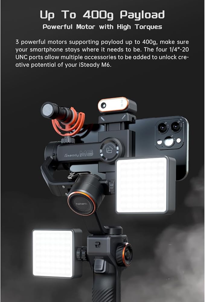 hohem iSteady M6 Kit Gimbal Stabilizer for Smartphone,3-Axis Phone Gimbal with AI Tracking Sensor Magnetic Fill Light 0.91-inch OLED Display Max Payload 400g,Gimbal Stabilizers for iPhone Android