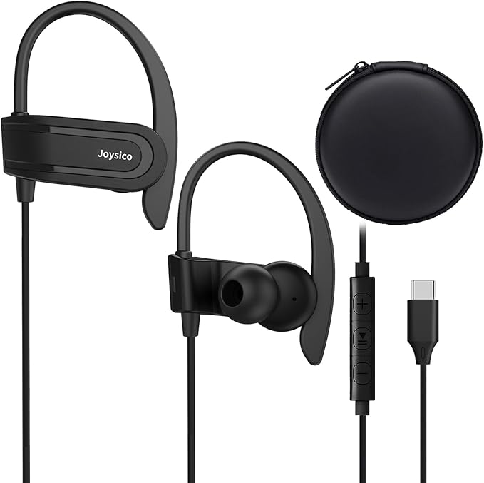 Wired USB C Headphones for iPhone 15 16 17 Air, iPad, Samsung, Google and USBC Android Phones, Type C Earbuds with Over Ear Hook, Microphone, Volume Control, Earphones Case for Sports Running