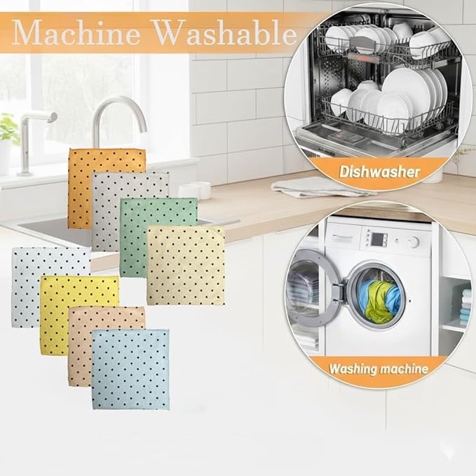 8-Pack Ultra-Fine Microfiber Kitchen Towels, 7-Inch Square with 8 Clips & Multiple Patterns – Soft, Absorbent, Reusable Cleaning Cloths (Polka dots)