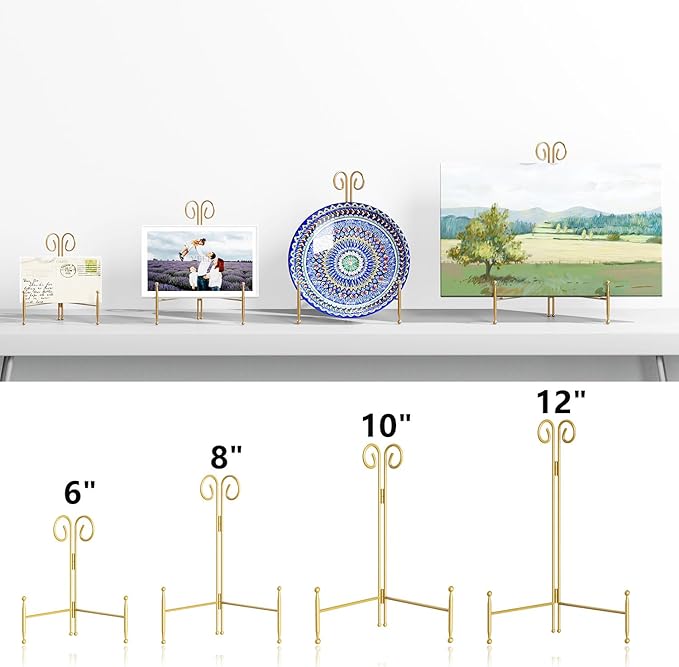 SVENJBB Plate Stands for Display, 8 Inch Plate Holder Display Stand, Gold Picture Frame Stand for Table, Decorative Easel Stand for Photo, Art, Plates and Books (1 Pack)