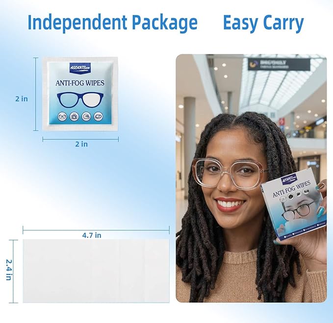 Ageantscom Anti-Fog Wipes for Glasses – Eye Glasses Cleaner Wipes, 100 Pack, Individually Wrapped, Pre-Moistened, Quick-Dry, Scratch-Free for Goggles, Camera, Watch, Lens, Laptop, Phone Screens