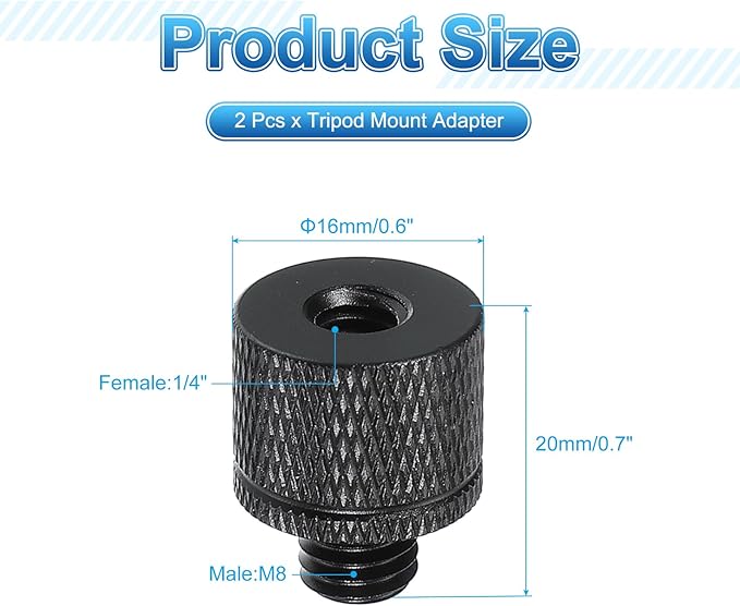 PATIKIL Tripod Screw Adapter 1/4" Female to M8 Male, 2 Pcs Tripod Nut Connectors Camera Mount Screw Camera Double Head Converter for Microphone Holder Magic Arms Accessories, 20 mm