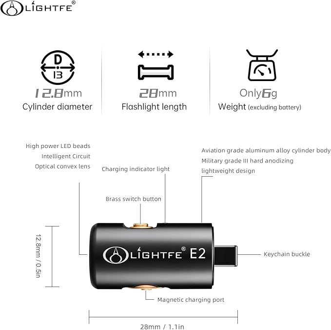 LIGHTFE E2 Mini Keychain Flashlight - Rechargeable USB Magnetic Charging, Compact & Bright LED Pocket Light for Emergencies, Camping, EDC, Everyday Carry