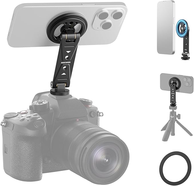 NEEWER Magnetic Phone Tripod Mount with Cold Shoe, Metal Portable Smartphone Holder Adapter for Tripod Camera Mounting Compatible with MagSafe iPhone Samsung Huawei Android for Video Recording, DS031
