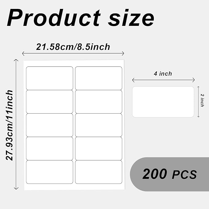 2''x 4" Address Labels, 200 Label Stickers- Laser/Ink Jet Printer Mailing Labels, 8.5"x11" White 20 per Sheet