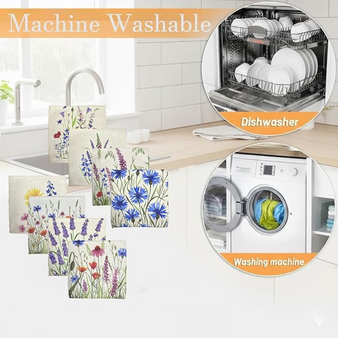 8-Pack Ultra-Fine Microfiber Kitchen Towels, 7-Inch Square with 8 Clips & Multiple Patterns – Soft, Absorbent, Reusable Cleaning Cloths (Grass)