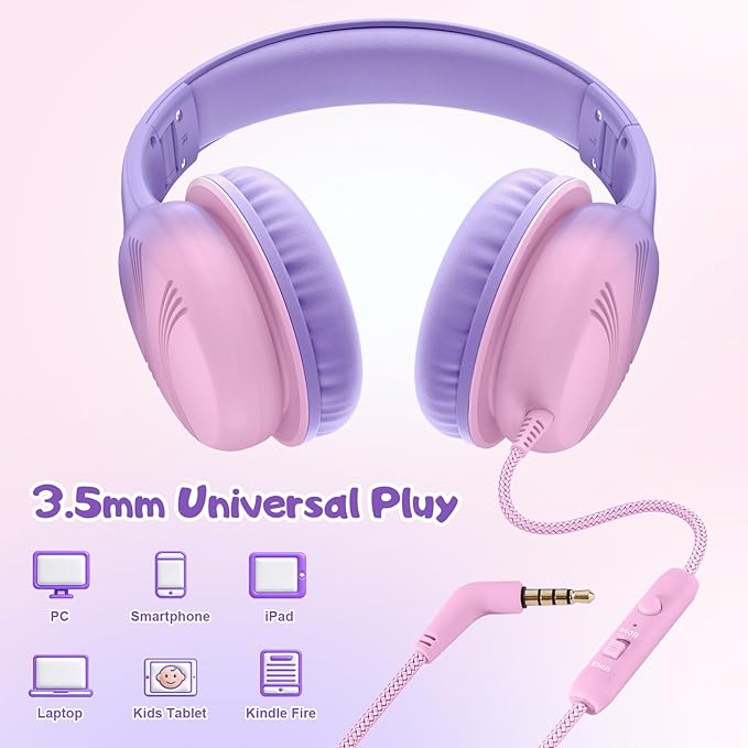 Kids Headphones, Wired Headphones for Kids with Microphone 85/94dB Volume Limit, Stereo Sound Portable Over Ear Headphones for School/Travel/Tablet/iPad, Violet Pink