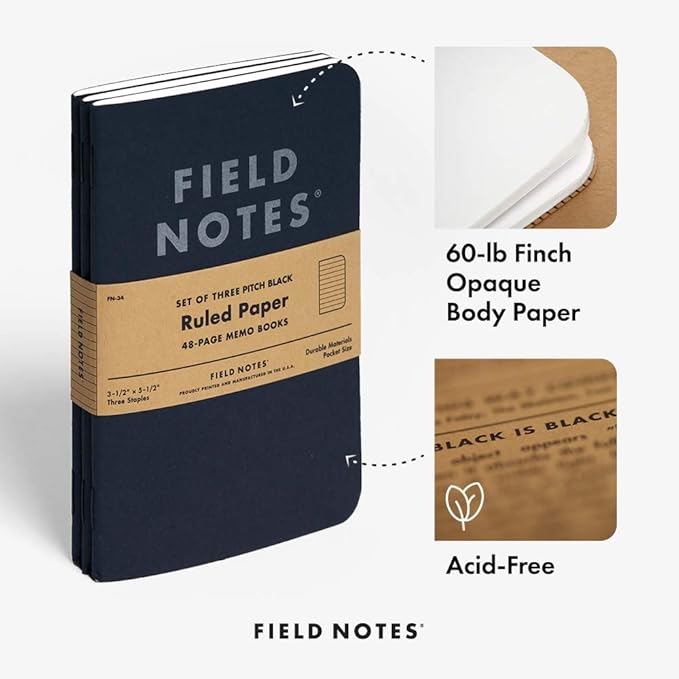 Field Notes 3-Pack Pitch Black Memo Books (3.5" X 5.5"), Ruled, 48 Pages | Thin Pocket Sized EDC Notebook With 90 GSM Paper & Paperback Cover | Work Notebooks For Note Taking | Made in the USA
