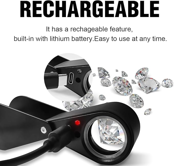 10X Rechargeable Jewelers Loupe with UV & LED Lights Four Light Modes, 22mm Triplet Lens Illuminated Folable Eye Loop Magnifier Pocket Jewelry Magnifying Glass for Jewelry, Gemstone, Coins, Stamps