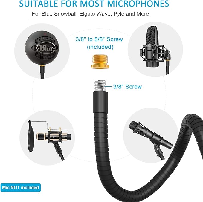 ZealSound Microphone Arm Stand,19 Inch Long Universal Gooseneck Desktop Mic Stand with 3/8" to 5/8" Adapter and Microphone Clip Holder, Upgraded Heavy Duty Desk Clamp for Blue Snowball Ice Mics Spark
