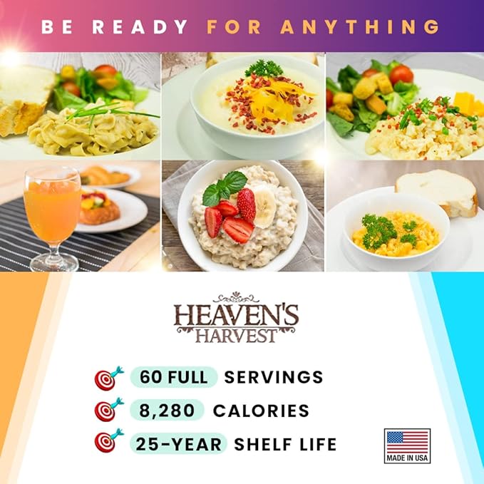Heaven’s Harvest 25-Year Family Food Kit — Emergency Food Supply. Freeze Dried Survival Food Kit + Water-Proof 25-Year Storage Bucket. MRE Meals/Non-Perishable & Perfect Camping Food (60 Servings)